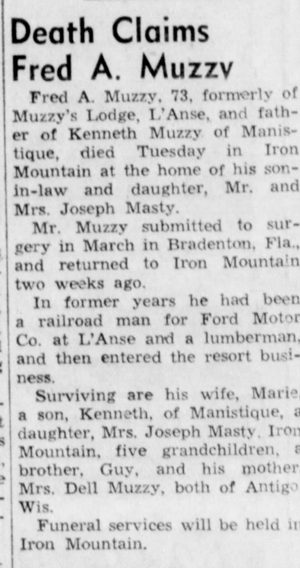 Muzzys Lodge (Muzzys Airport) - Obituary For Fred A Muzzv Aged 73 May 1958